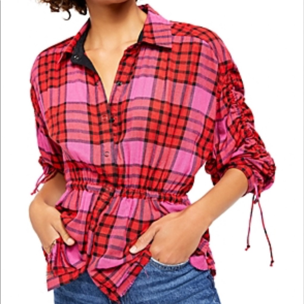 We the Free Plaid Released Trim Button-Down Top M